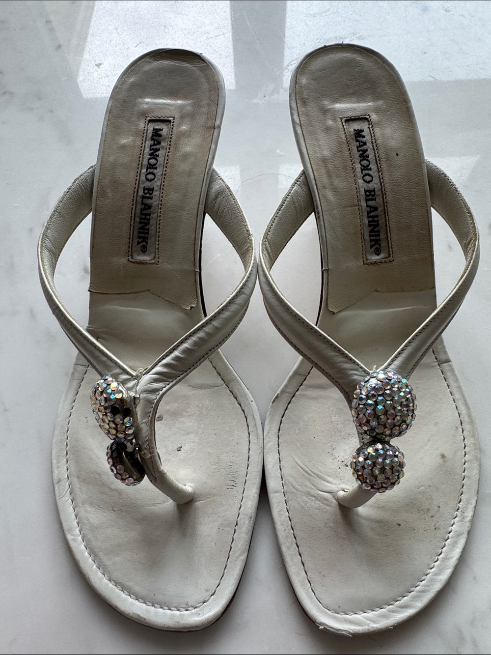 Manolo Blahnik White Crystal-Embellished Thong Sandals